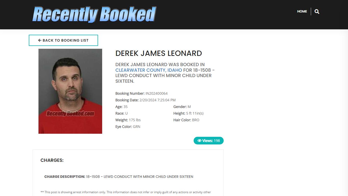 Recent Booking / Mugshot for DEREK JAMES LEONARD in Clearwater County ...